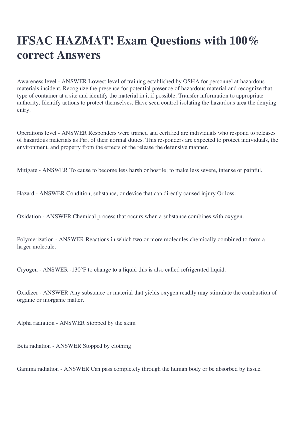 Preview image for IFSAC HAZMAT! Exam Questions with 100% correct Answers
